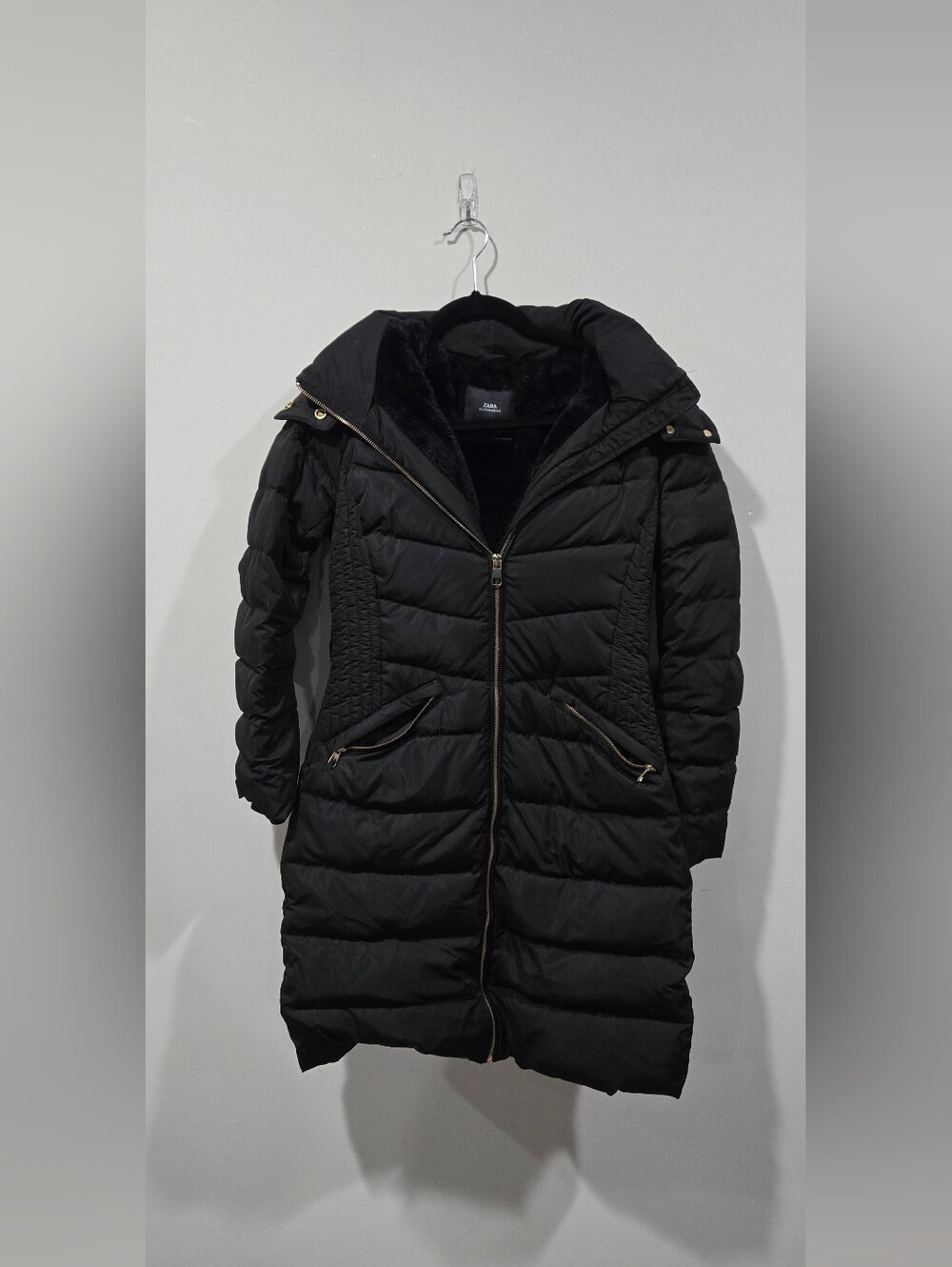 Black Long Puffer Jacket Coat Faux Fur Lined Hood Winter Padded Quilted Puffer